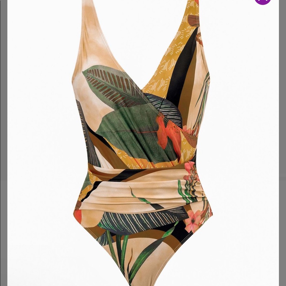 Tropical Print One-Piece Swimsuit in Beige & Green - Picture 3 of 4